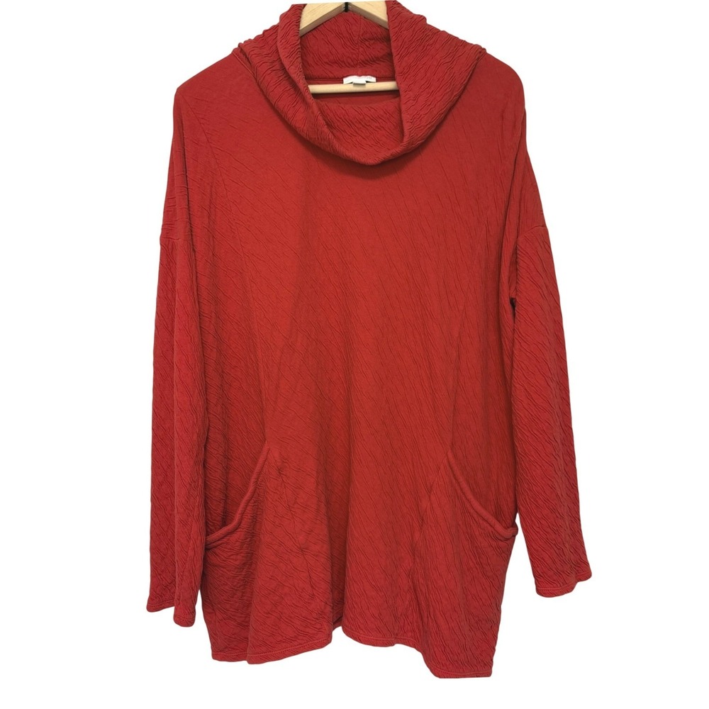 J Jill Cowl Neck Tunic Sweater Pure Jill Womens XL Red Crinkle Cotton Pockets